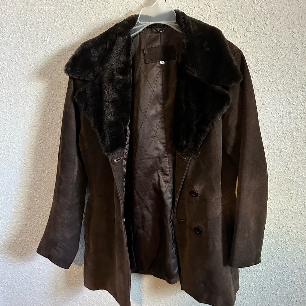 Brown Suede leather Coat with Faux Fur Collar Size S